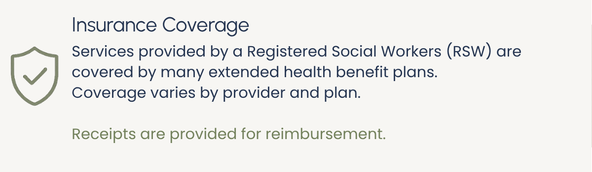 Illustration of a shield with a checkmark on it representing insurance coverage, accompanied by text explaining services provided by Registered Social Workers (RSW) and information about reimbursements.