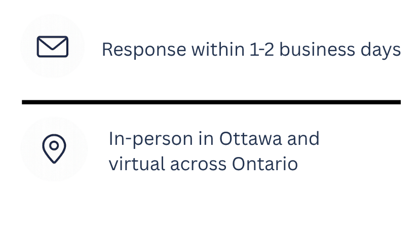 Contact information highlighting a response time of 1–2 business days and therapy services available in Ottawa and across Ontario.
