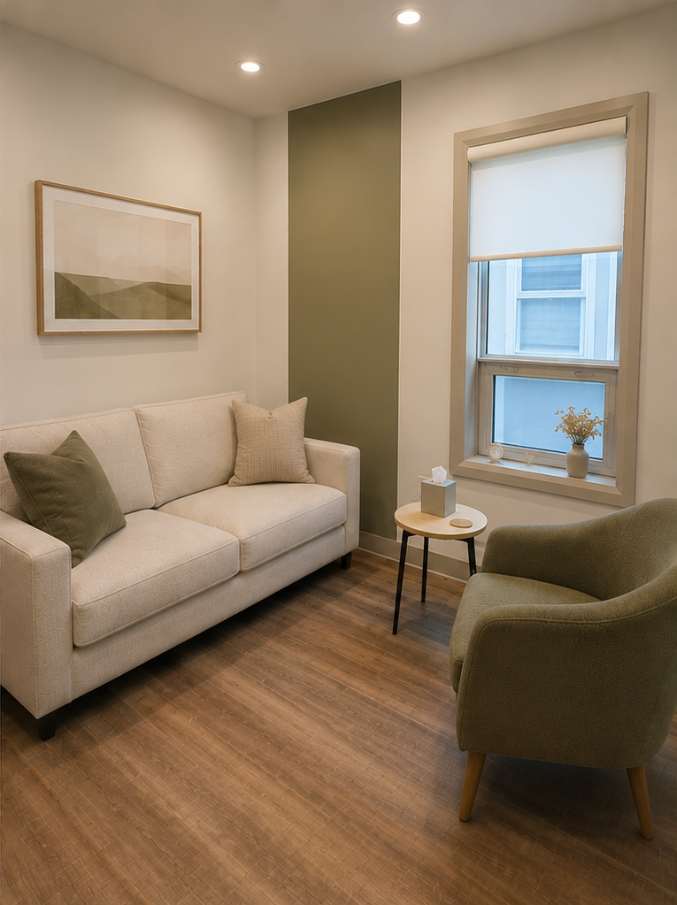 Warm and comfortable therapy setting for in-person appointments