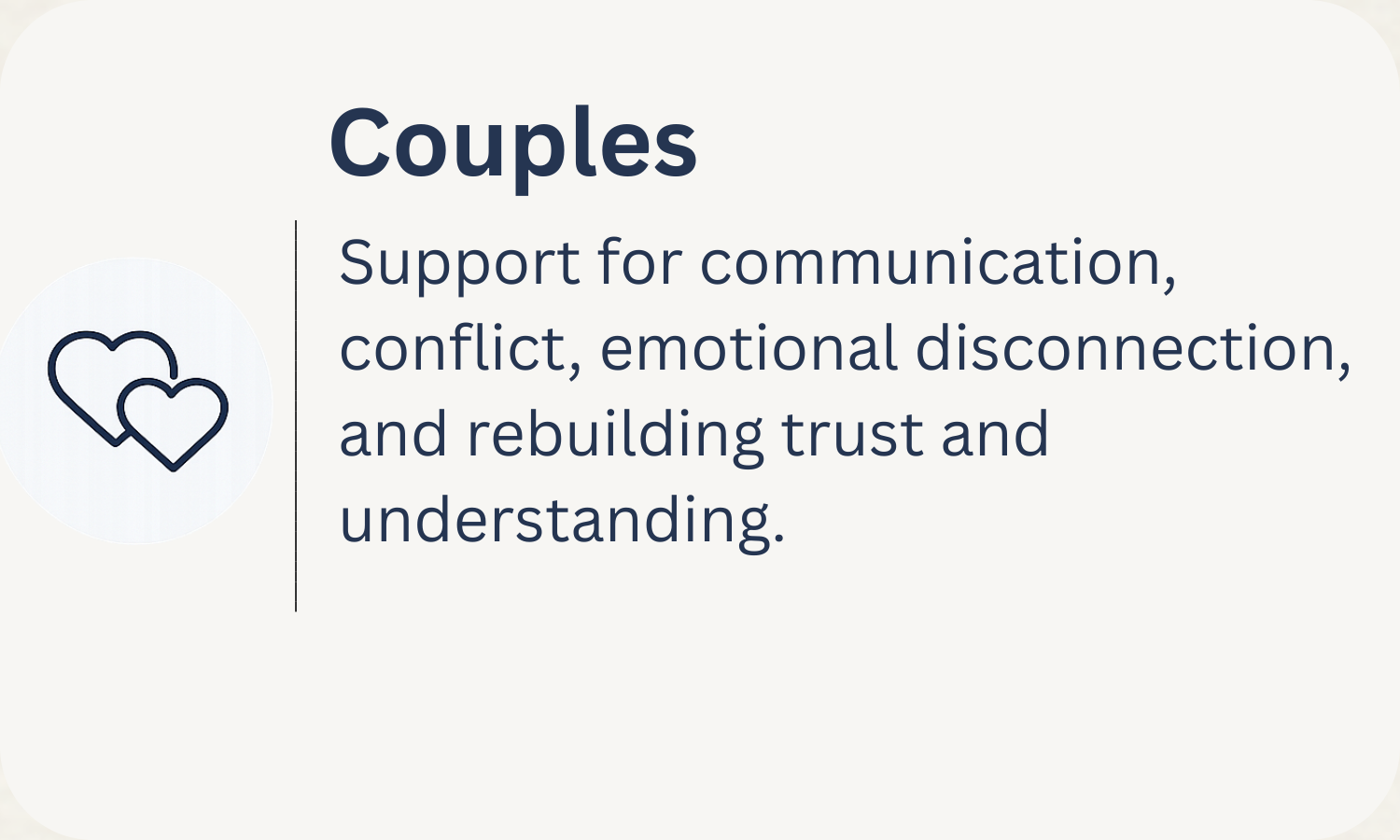 Couples therapy supporting communication, conflict, emotional disconnection, and rebuilding trust and understanding in Ottawa and across Ontario.
