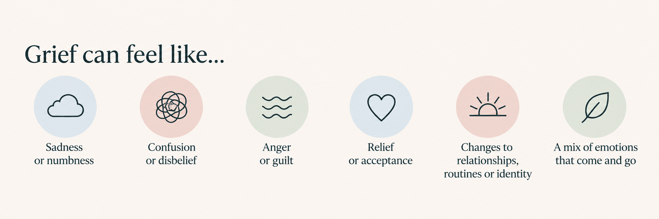 An infographic titled "Grief can feel like..." showing seven circles with icons and descriptions representing different emotions related to grief: sadness or numbness, confusion or disbelief, anger or guilt, relief or acceptance, changes to relationships, routines or identity, and a mix of emotions that come and go.