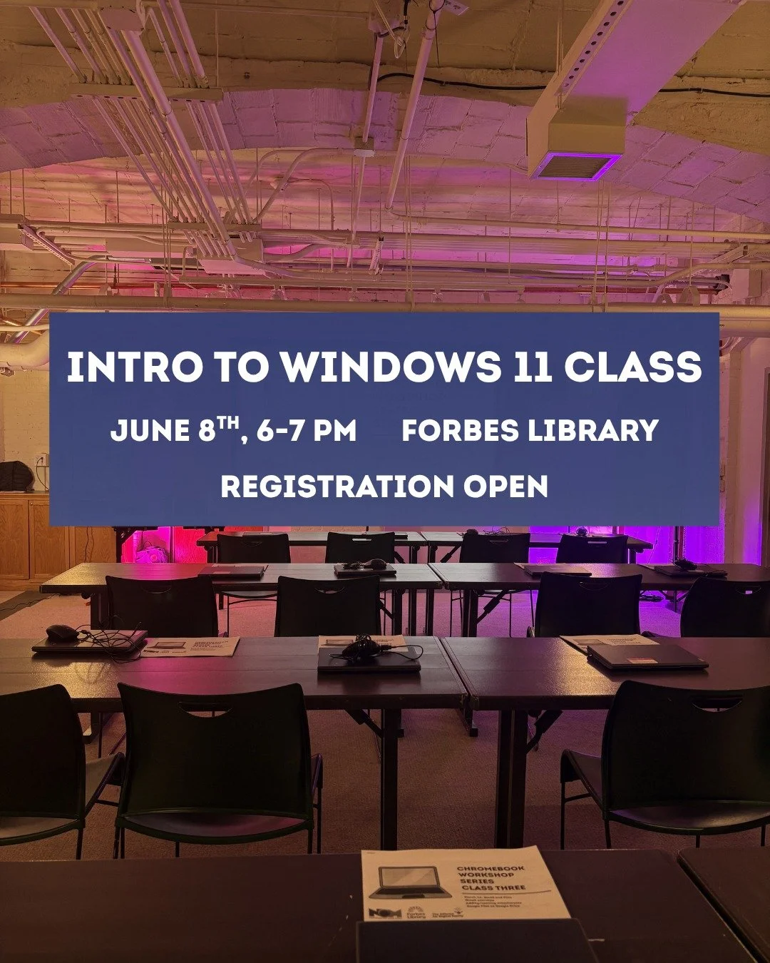 Registration is now open for the Windows 11 class! 

We&rsquo;ll cover system navigation, including the desktop, start menu, taskbar, settings, as well as opening and closing programs, managing files and folders, and copying and pasting text.

-June 
