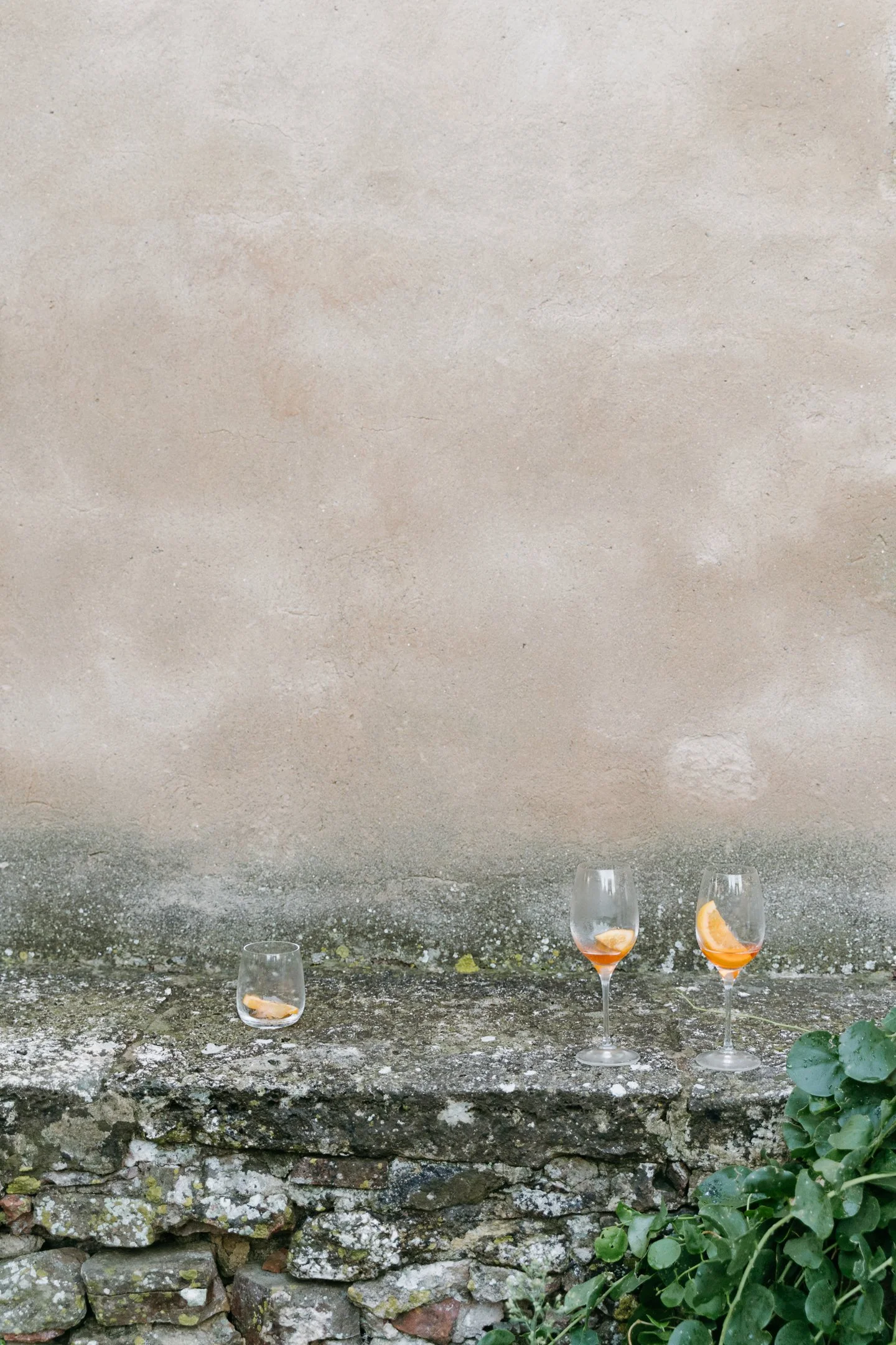 Three glasses with orange slices, one short glass and two wine glasses with remnants of orange beverage, placed on a stone ledge in front of a beige textured wall with greenery in the lower right corner.