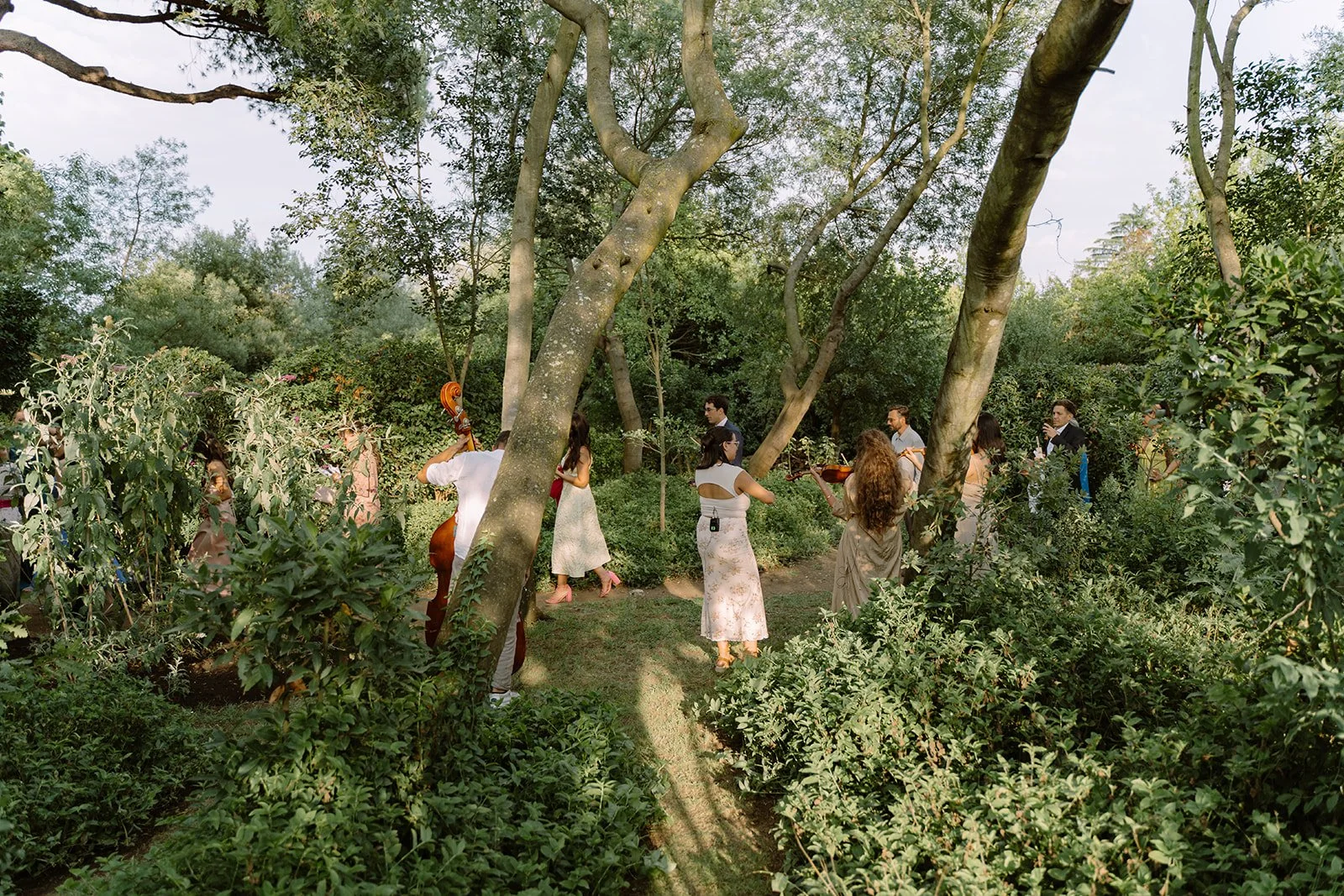 A group of people dressed in formal attire enjoying a gathering in a lush, green outdoor garden with trees and bushes, some playing musical instruments.