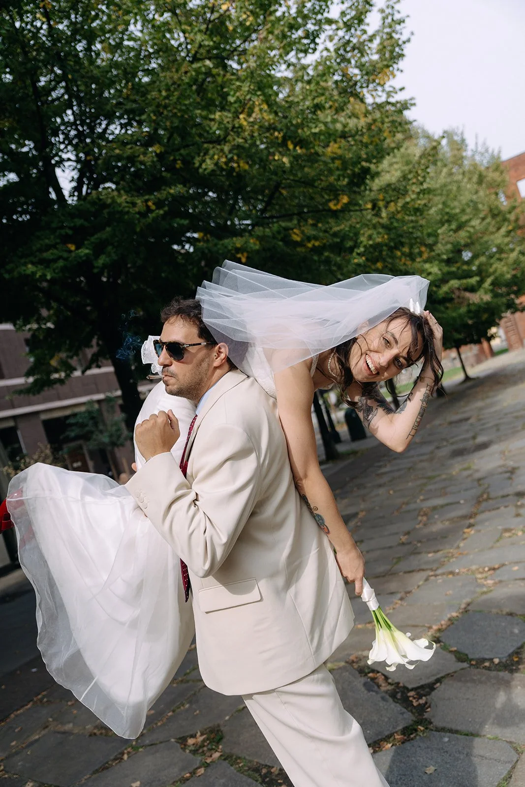 playful couple urban wedding turin italy street
