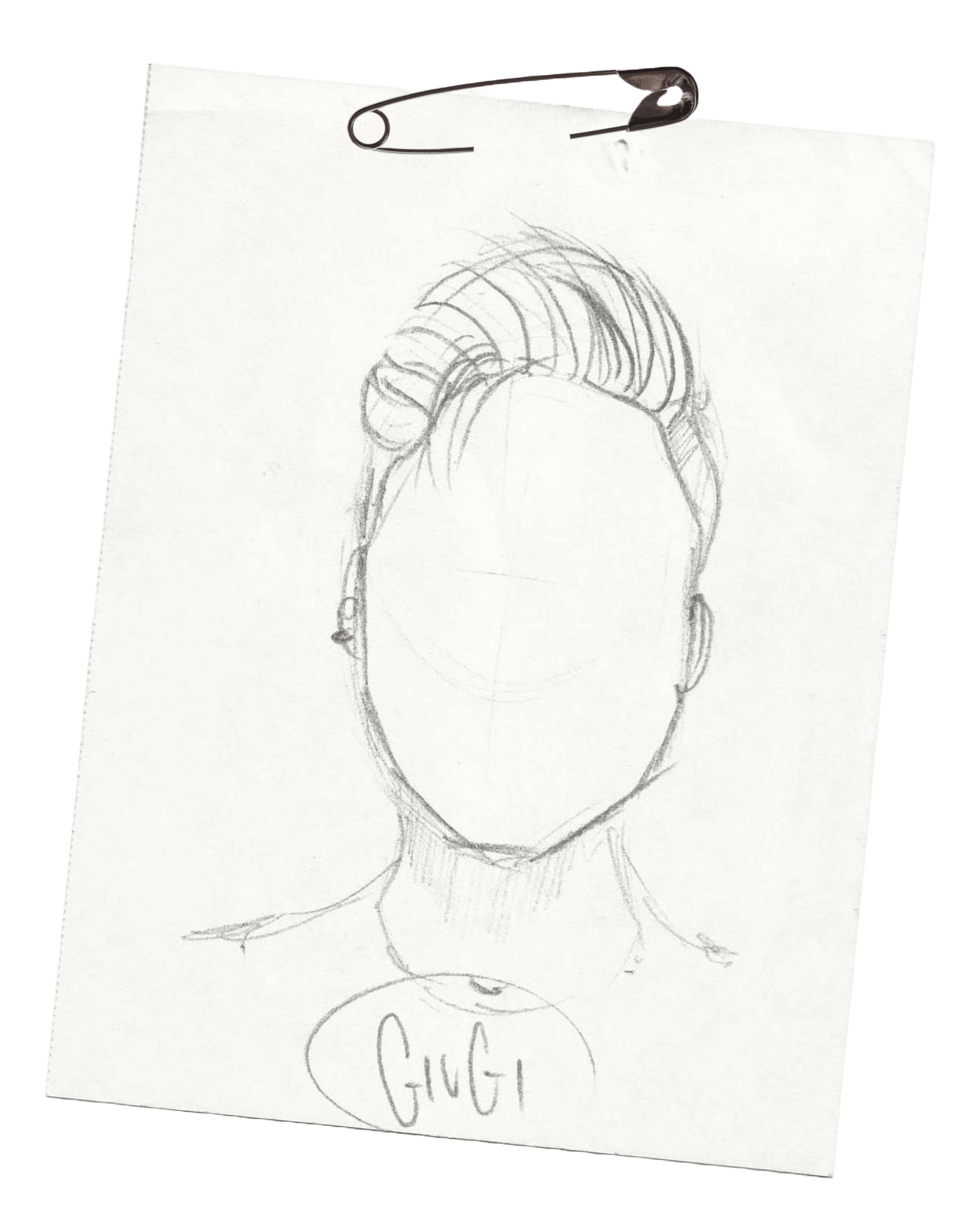 Sketch of a person with no facial features, with the word 'GUGI' written below.
