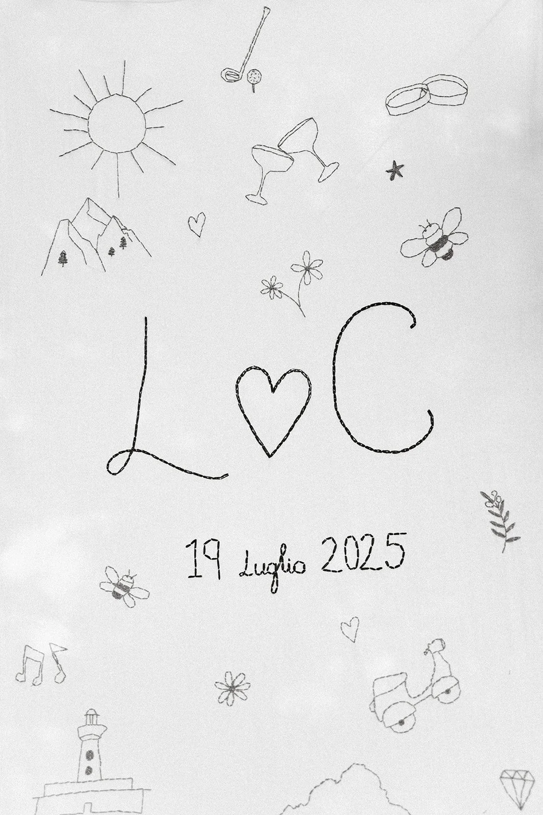 Hand-drawn artwork with the words "LOVE" and "19 Luglio 2025" surrounded by doodles of a sun, mountain, flowers, bee, scooter, lighthouse, music notes, and hearts.