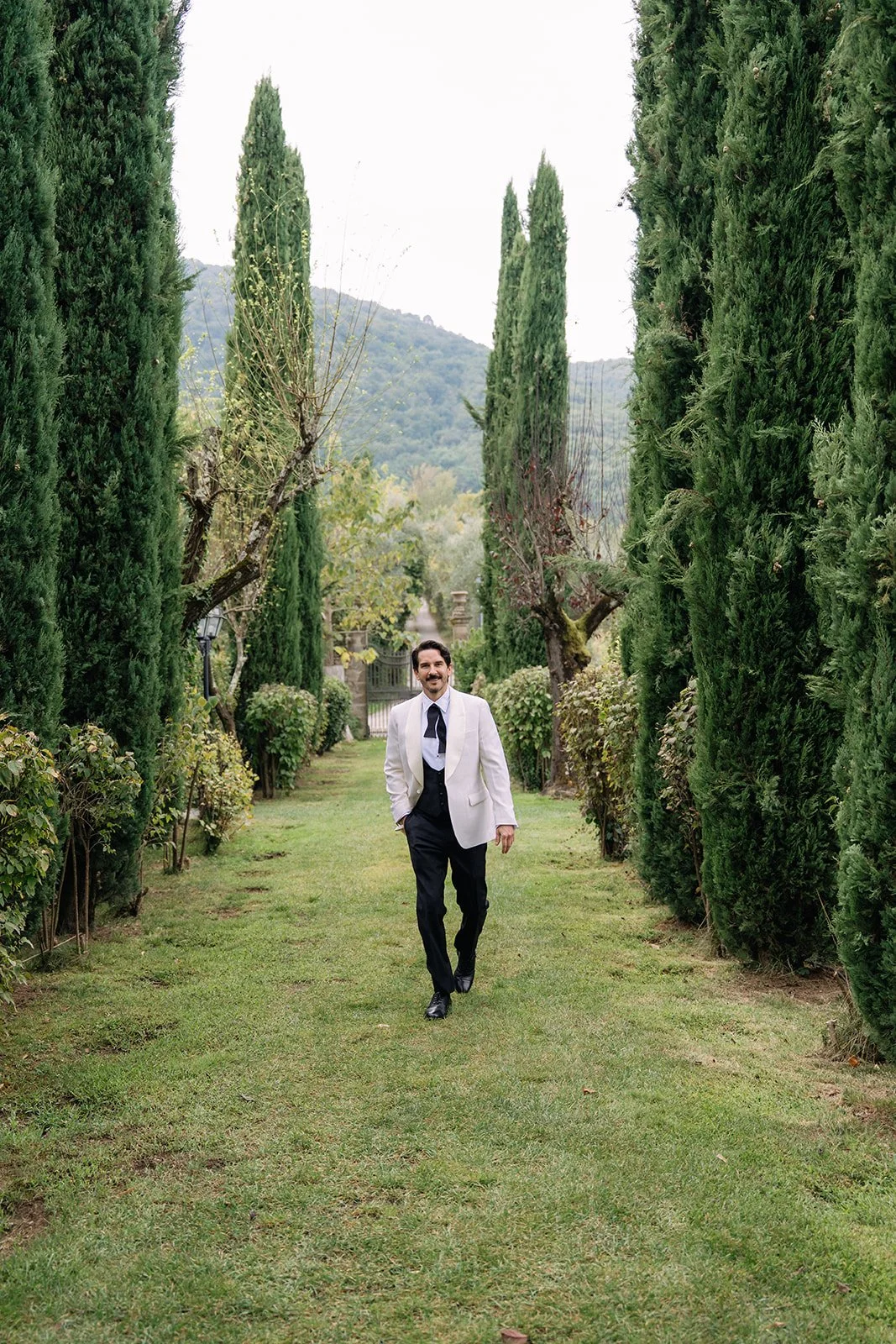 Man walking along a path lined with tall cypress trees and bushes in a garden setting, mountains in the background.