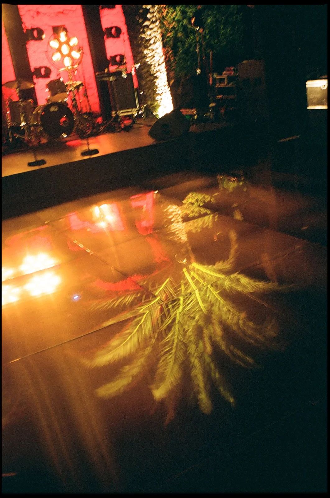 Reflection of palm tree and stage lights on a shiny surface, with stage equipment like drums and lighting in the background.