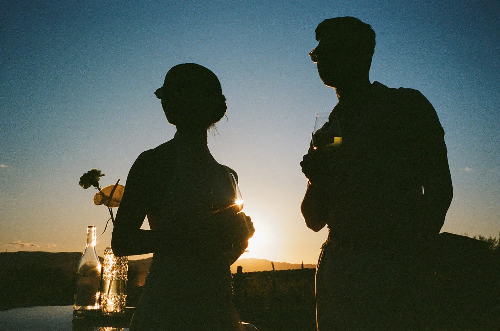 Silhouettes of a man and a woman holding wine glasses, outdoors at sunset, with bottles and a small plant on a table nearby.