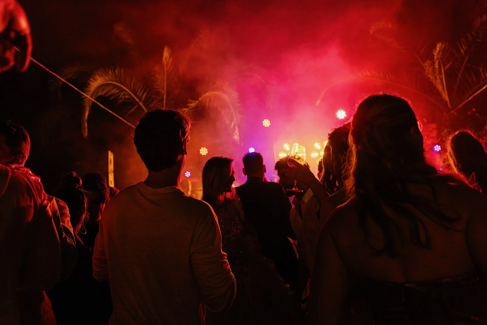 People enjoying a fireworks display at night, with colorful lights and palm trees in the background.