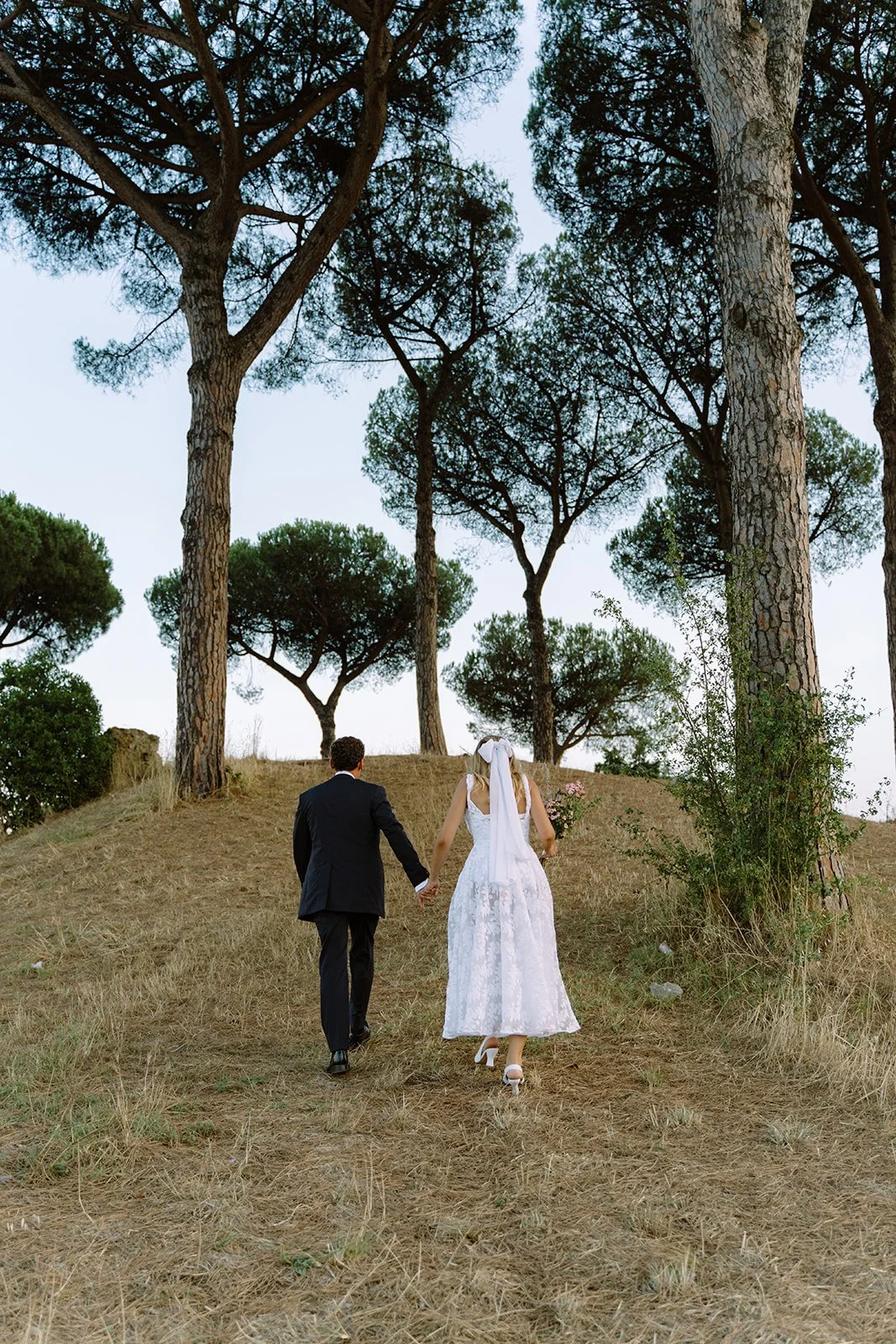 A bride and groom walking hand in hand up a grassy hill with tall pine trees in the background, during a wedding photo shoot.