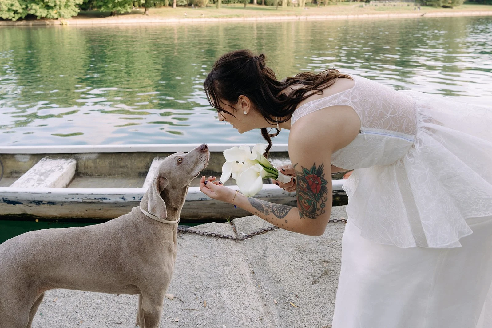 A woman in a white dress is bending down to give a white flower to a dog beside a dock by a lake.