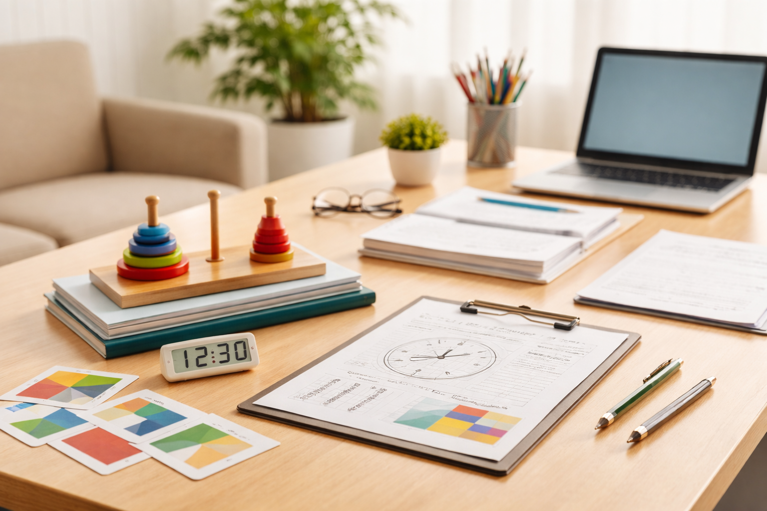 Scrivania per valutazione neuropsicologica con strumenti per test cognitivi in studio a Latisana