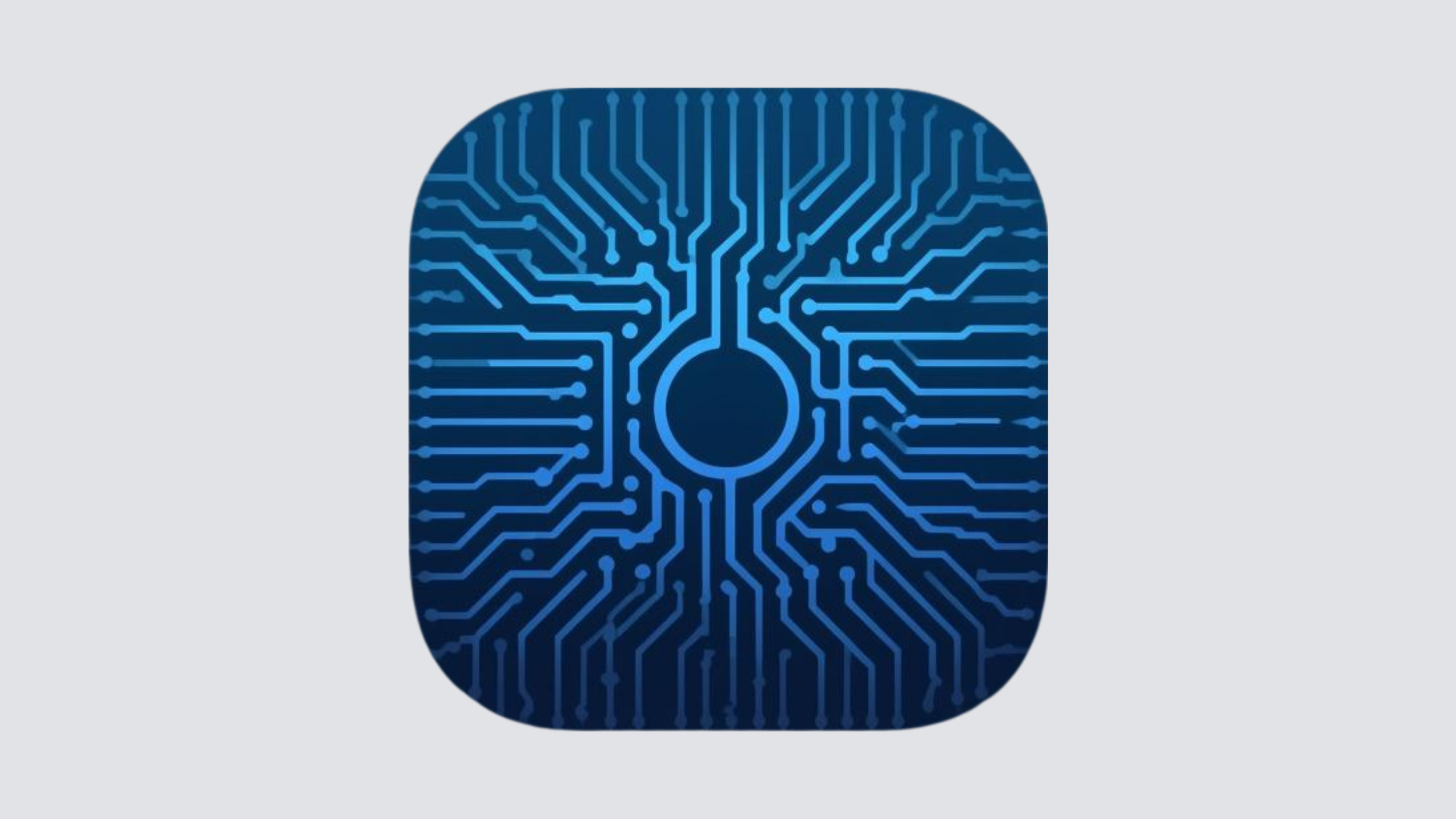 A digital illustration of a circuit board pattern in shades of blue, shaped like a rounded rectangle.