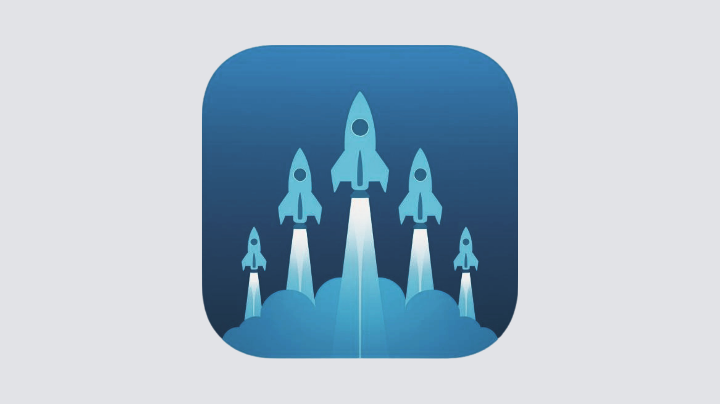 Icon with blue rockets launching upward from clouds, symbolizing space exploration or startup growth.