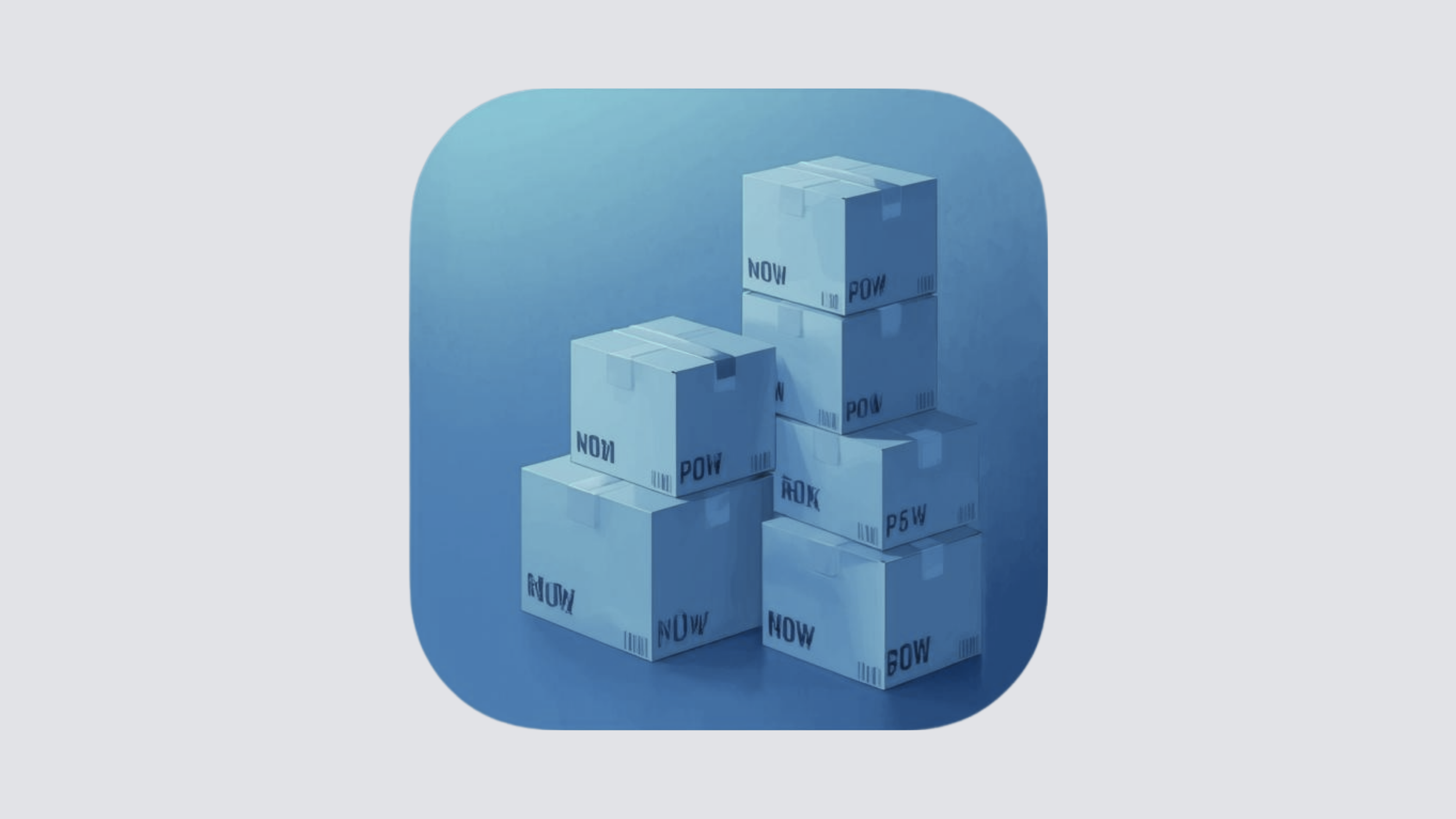 Stacked cardboard boxes labeled 'NOW' and 'POW' on a reflective surface with a blue background.