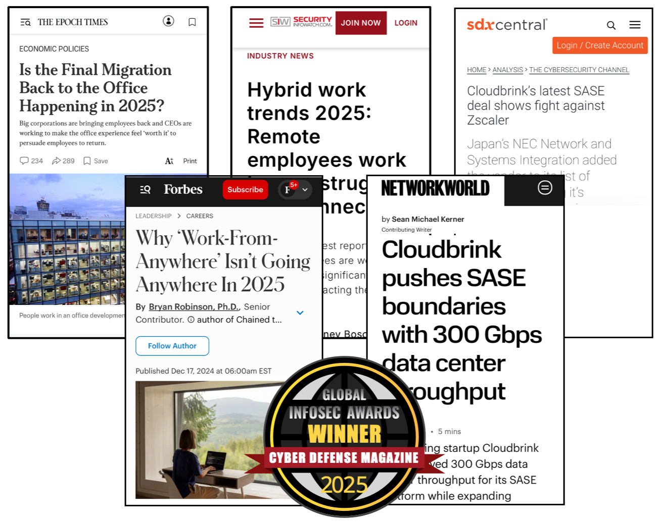 A collage of digital news articles and online magazine headlines focused on technology, remote work, cybersecurity, and office development, with an award badge for Cyber Defense Magazine's Infinite Awards 2025 at the bottom center.
