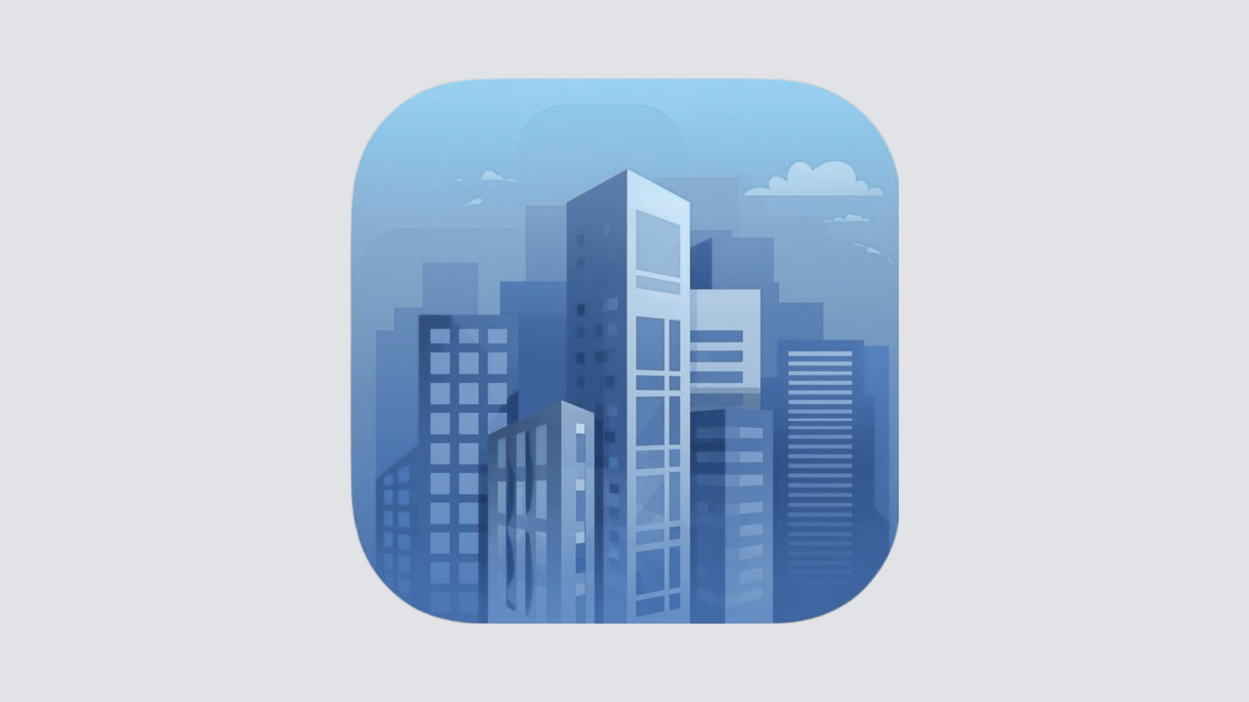Illustration of a city skyline with tall modern buildings and clouds in the sky, in a blue color scheme.