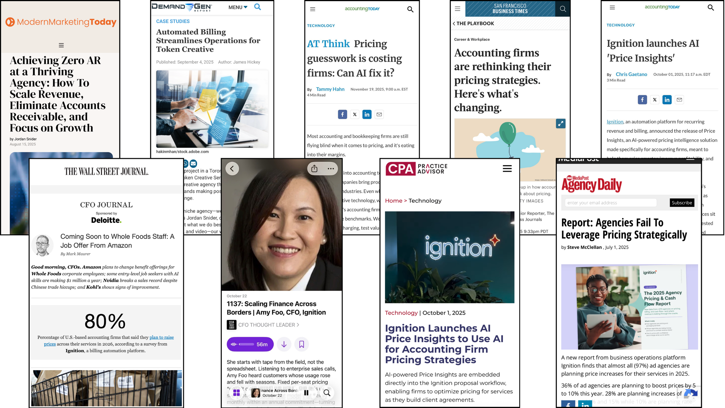 A collage of digital screens displaying various business news articles and reports related to marketing, billing, AI pricing insights, accounting firms, and finance, with some images of people, charts, and a shopping cart.