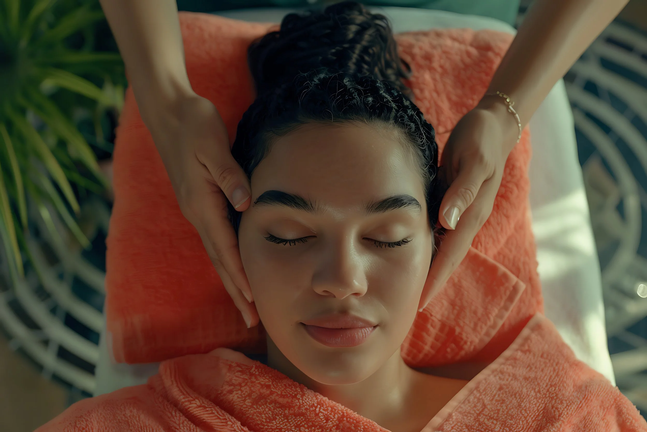 A woman with closed eyes receiving a head massage while lying on an orange towel