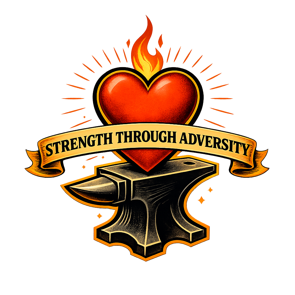 A red heart with flames on top, surrounded by radiating lines, resting on a black anvil. A banner with the text "Strength Through Adversity" curves around the heart.