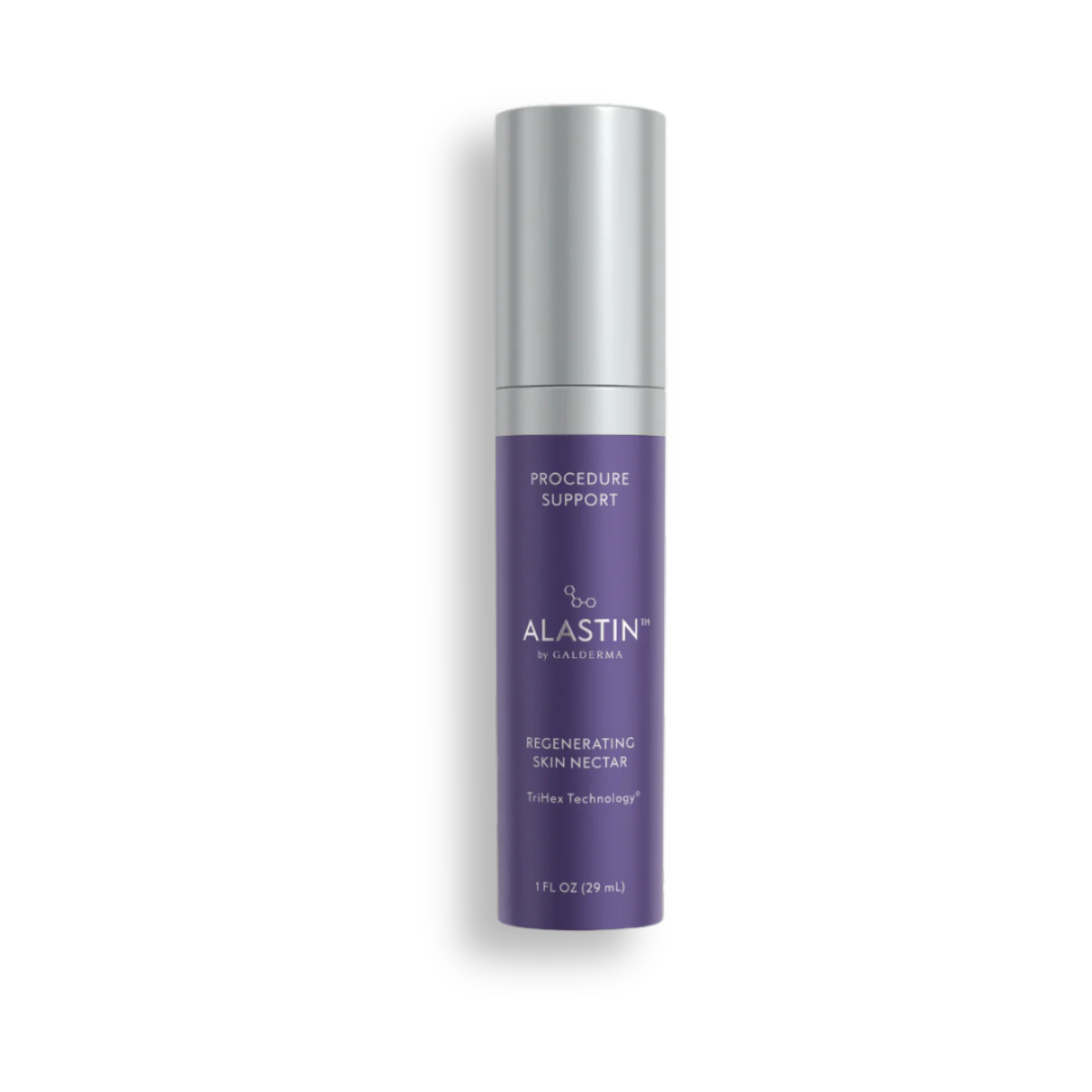 A purple and silver cylindrical skincare product with the label 'ALASTIN by GALDERMA, Procedure Support, Regenerating Skin Nectar, TriHex Technology, 1 FL OZ (29 mL).'