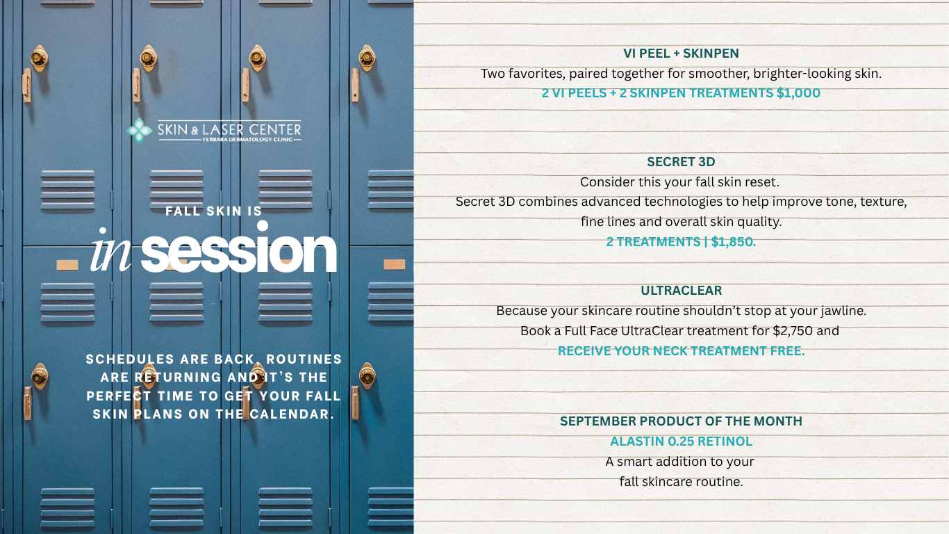 Blue lockers with promotional text for skincare treatments and products, including VI Peel + SkinPen, Secret 3D, Ultraclear, and a September product of the month, Alastin 0.25 Retinol.