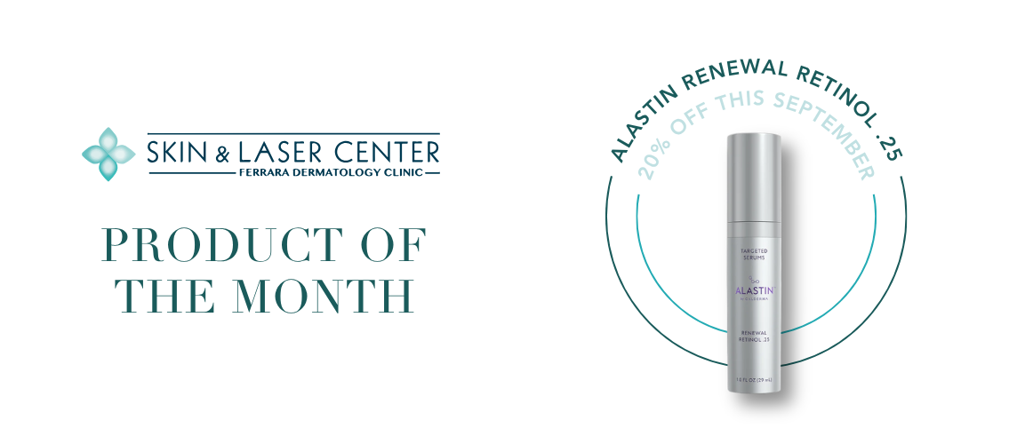 Promotional graphic for Skin & Laser Center featuring Alastin Renewal Retinol product, offering 20% off in September