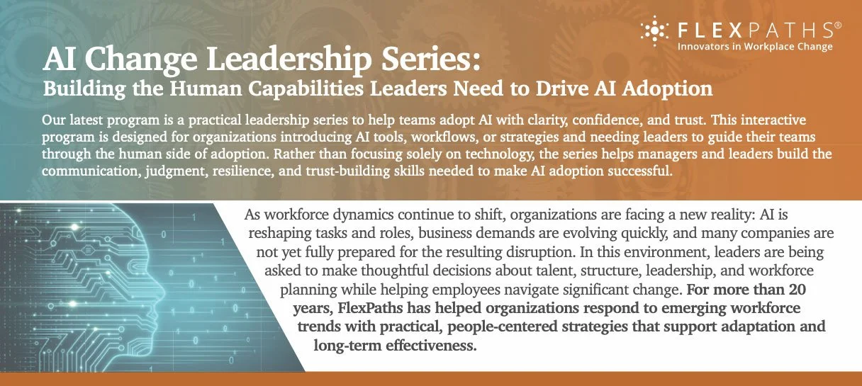 A promotional banner for the AI Change Leadership Series by FlexPath, describing a program that helps organizations adopt AI with a focus on communication, judgment, resilience, and trust-building skills.