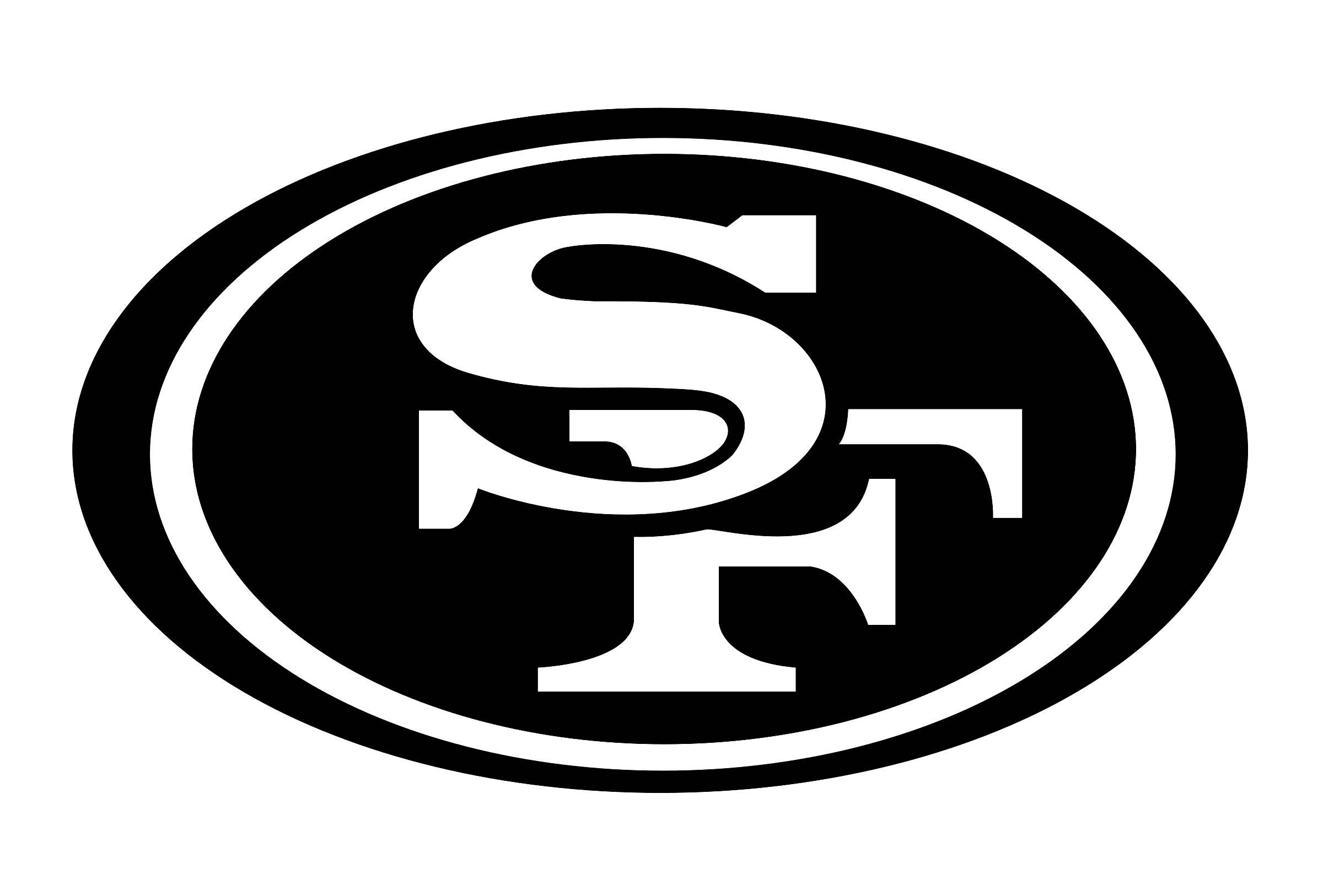 49ers black and white logo featuring stylized interlocking letters 'S' and 'F' inside an oval outline.