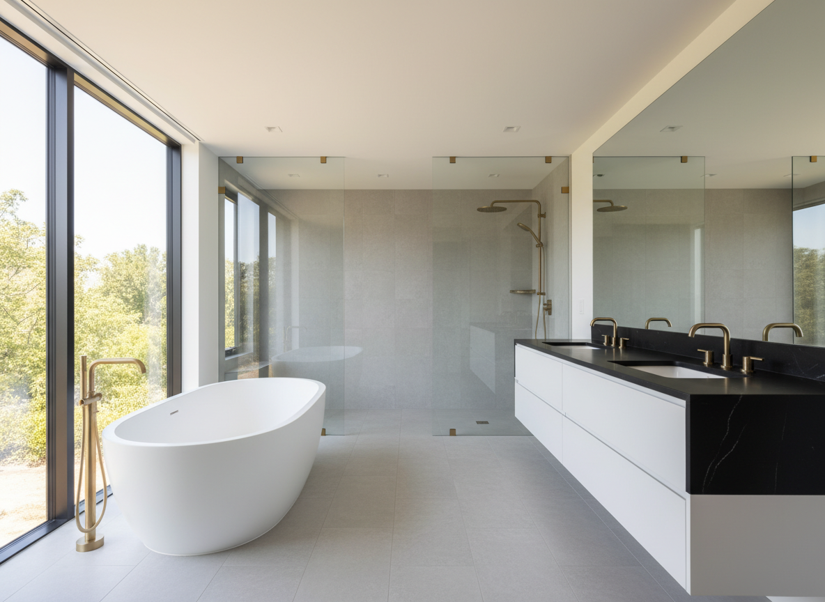 Modern bathroom featuring a freestanding oval bathtub, a double sink vanity with black countertops and brass fixtures, and a glass-enclosed shower area with brass shower fixtures, large windows showing greenery outside.