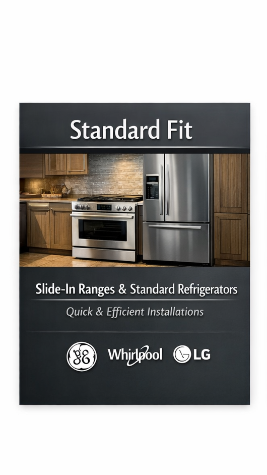 Brochure for Standard Fit slide-in ranges and standard refrigerators showing kitchen appliances, including a stove and a refrigerator, with logos for GE, Whirlpool, and LG.