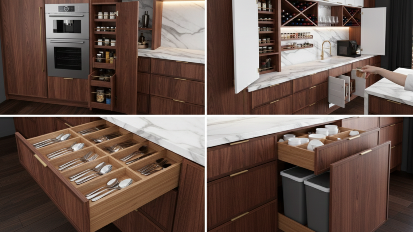 Kitchen with dark wood cabinets, white marble countertops, and organized storage including pantry, drawers, and open shelves with spices, utensils, and small kitchen appliances.