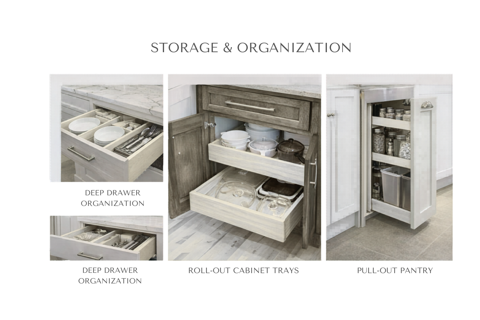Image showing kitchen storage and organization with deep drawer organization, roll-out cabinet trays, and pull-out pantry.