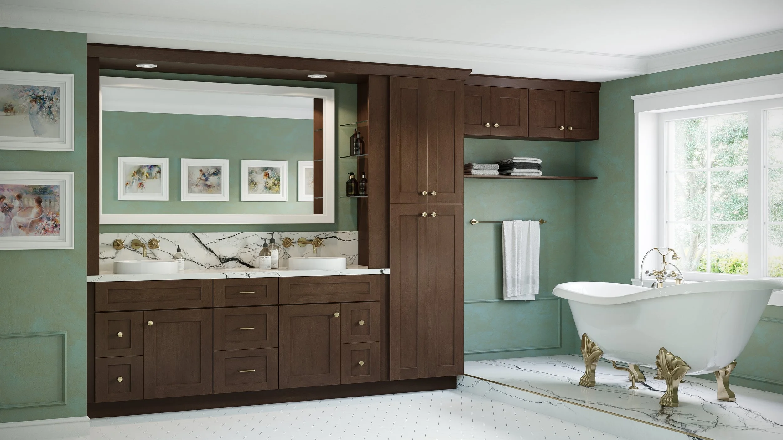 Luxury bathroom with a white clawfoot bathtub with gold feet next to a large window, green walls, dark wood cabinets, marble countertops and floors, and a mirror above double sinks.