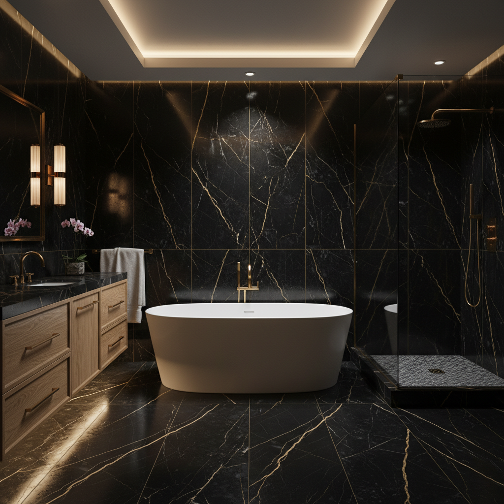 Luxurious bathroom with black marble walls and flooring, a white oval bathtub, wooden cabinet with gold fixtures, and a separate shower area.