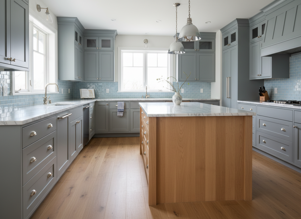 A modern kitchen with light blue cabinets, a light-colored marble countertop, and a wooden island in the center. There are two hanging pendant lights above the island, and a vase with branches on top. The kitchen has large windows allowing natural li