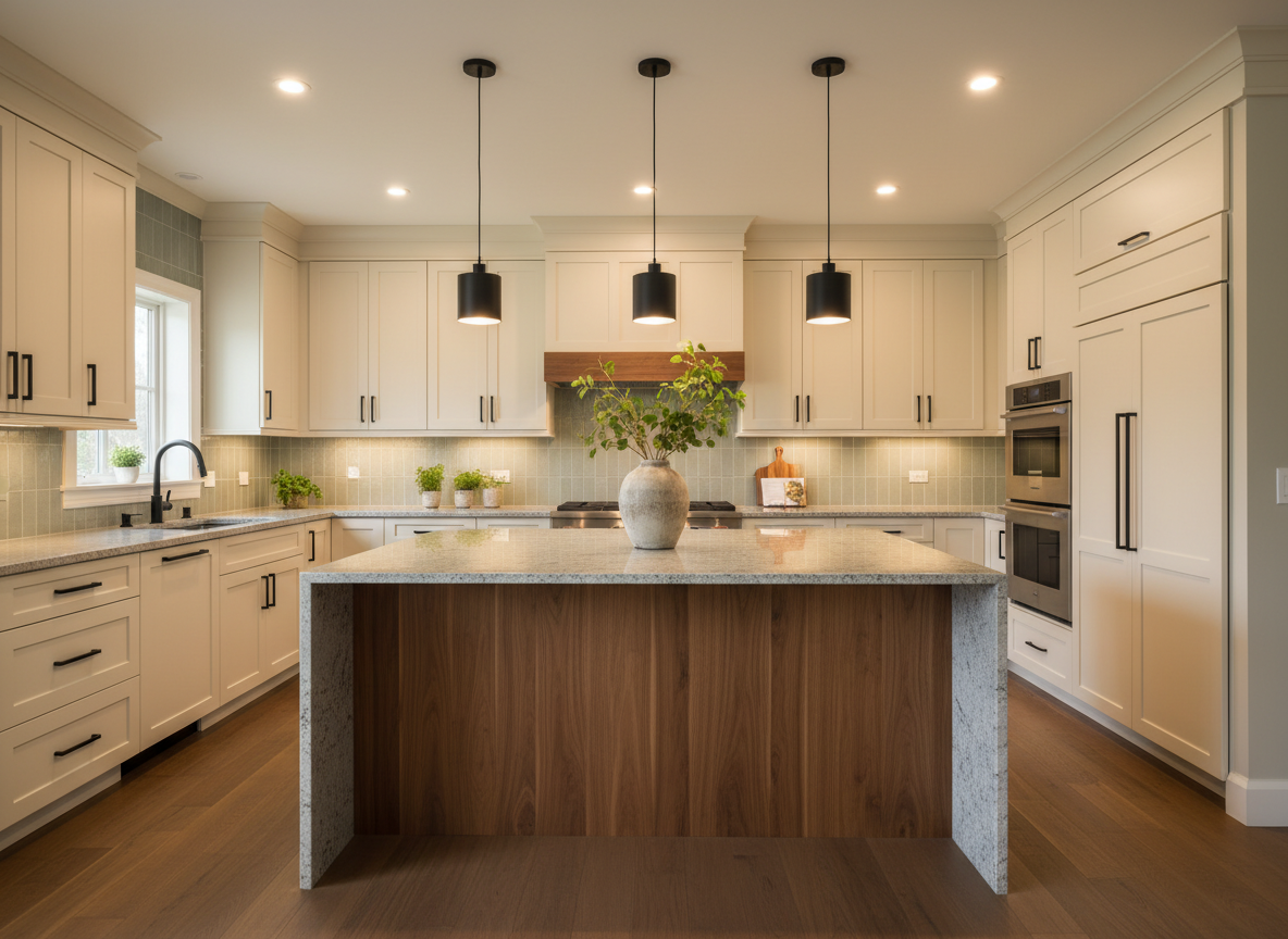 Modern kitchen with white cabinets, black handles, a large island with a wooden panel and granite countertop, pendant lights, green plants, double oven, and a window over the sink.