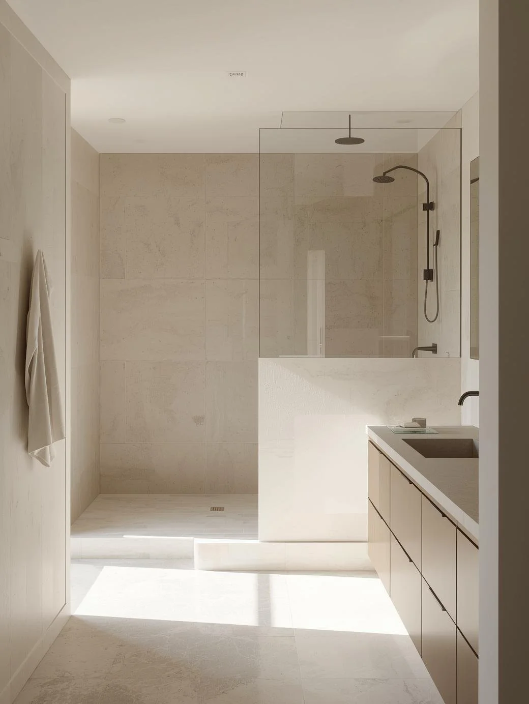 Minimalist bathroom with a walk-in shower, glass partition, beige tiled walls, and a beige vanity with a sink.