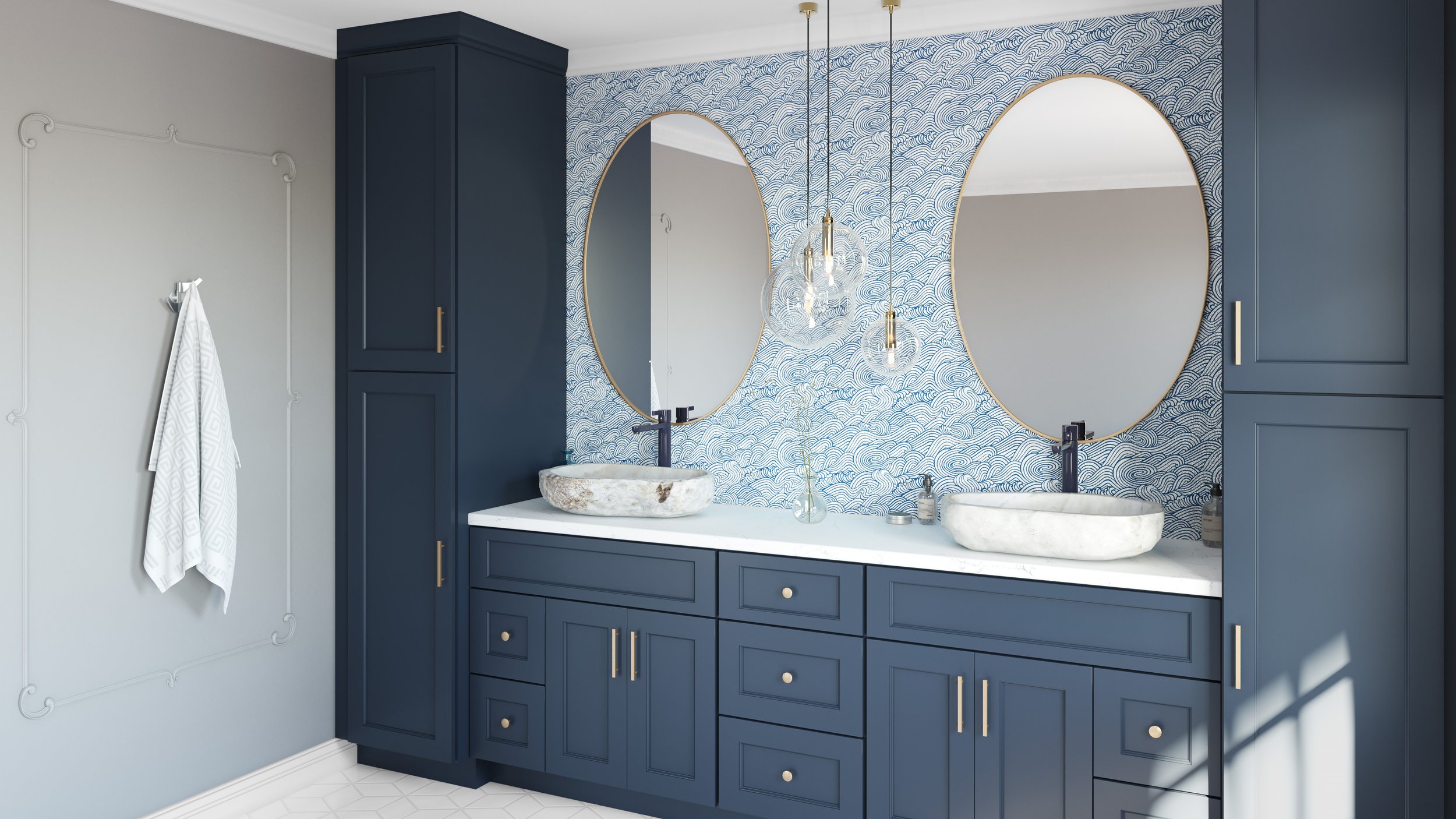 Modern bathroom with blue cabinetry, marble countertops, two oval mirrors, and blue wave-patterned wallpaper