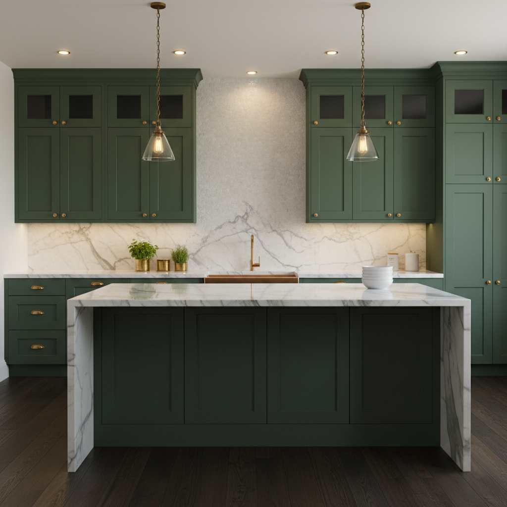 Modern kitchen with green cabinetry, white marble countertops, and a marble backsplash. Two pendant lights hang above the island, which has a white marble top and dark green base. Small potted plants and bowls are on the counters.