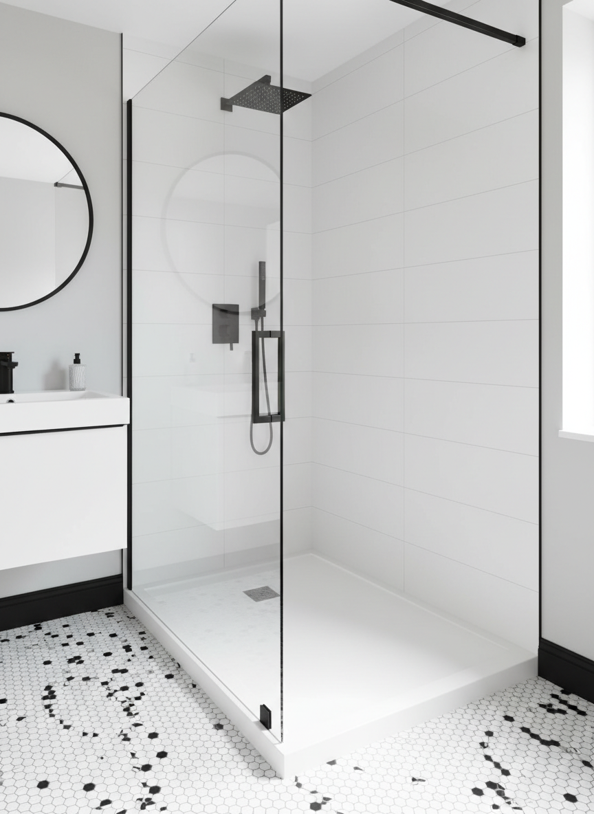 Modern minimalist bathroom with walk-in shower featuring a black rainfall showerhead, white tiled walls, and a black-framed glass partition. The floor has white hexagonal tiles with black accents, and part of a white vanity with a round mirror is vis