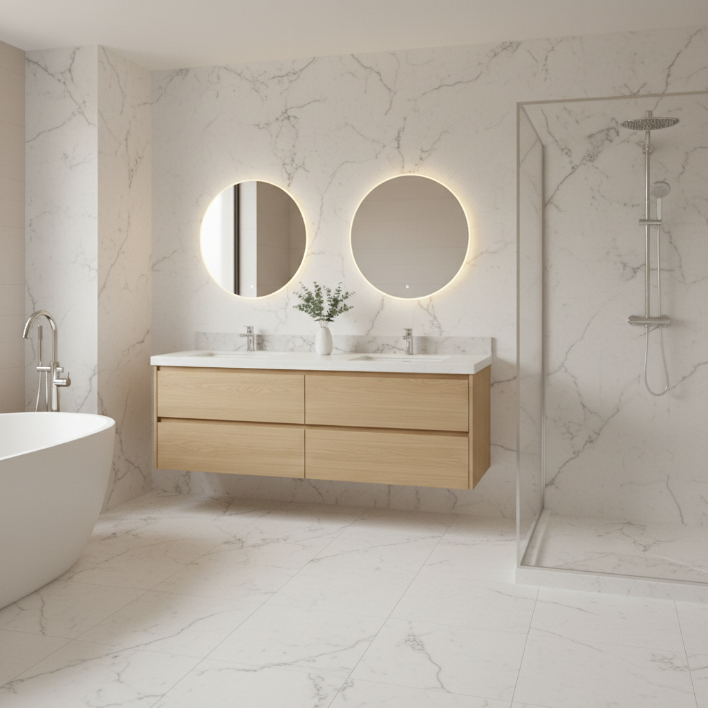 Modern bathroom with marble walls and floor, a freestanding bathtub, a double vanity with two illuminated round mirrors, a plant in the center, and a glass-enclosed shower.