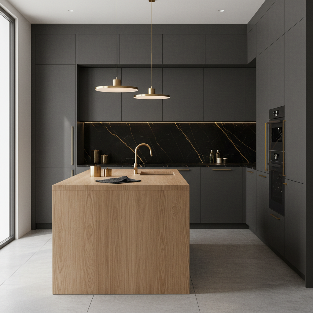 Modern kitchen with dark gray cabinets, black marble backsplash with gold veining, light wooden island, and gold accents, including pendant lights and cabinet handles.