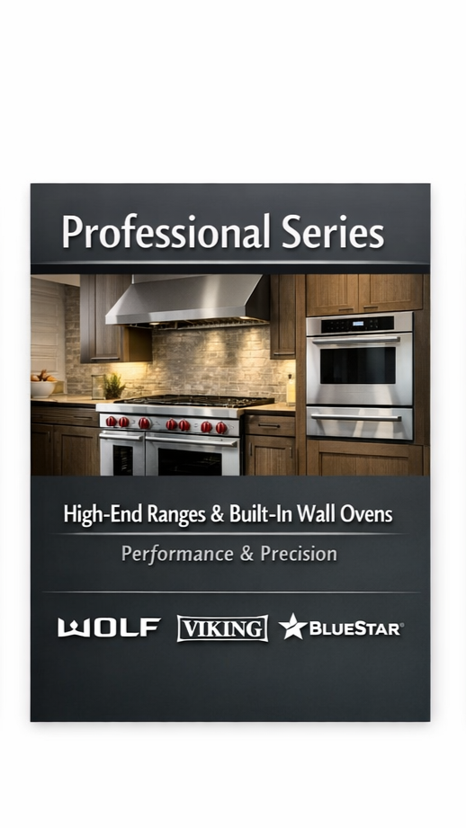 A promotional pamphlet for high-end kitchen appliances, featuring a modern kitchen with a stainless steel range and wall oven, and text promoting professional series ranges and built-in wall ovens from brands Wolf, Viking, and BlueStar.