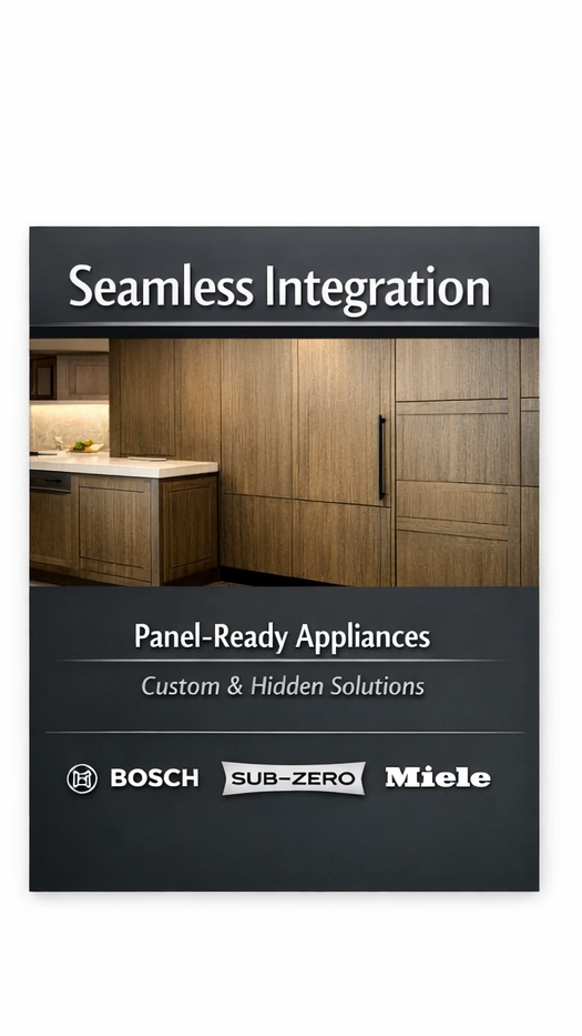 A promotional display for seamless kitchen integration with panel-ready appliances from Bosch, Sub-Zero, and Miele, featuring an image of a modern kitchen with wooden cabinets.