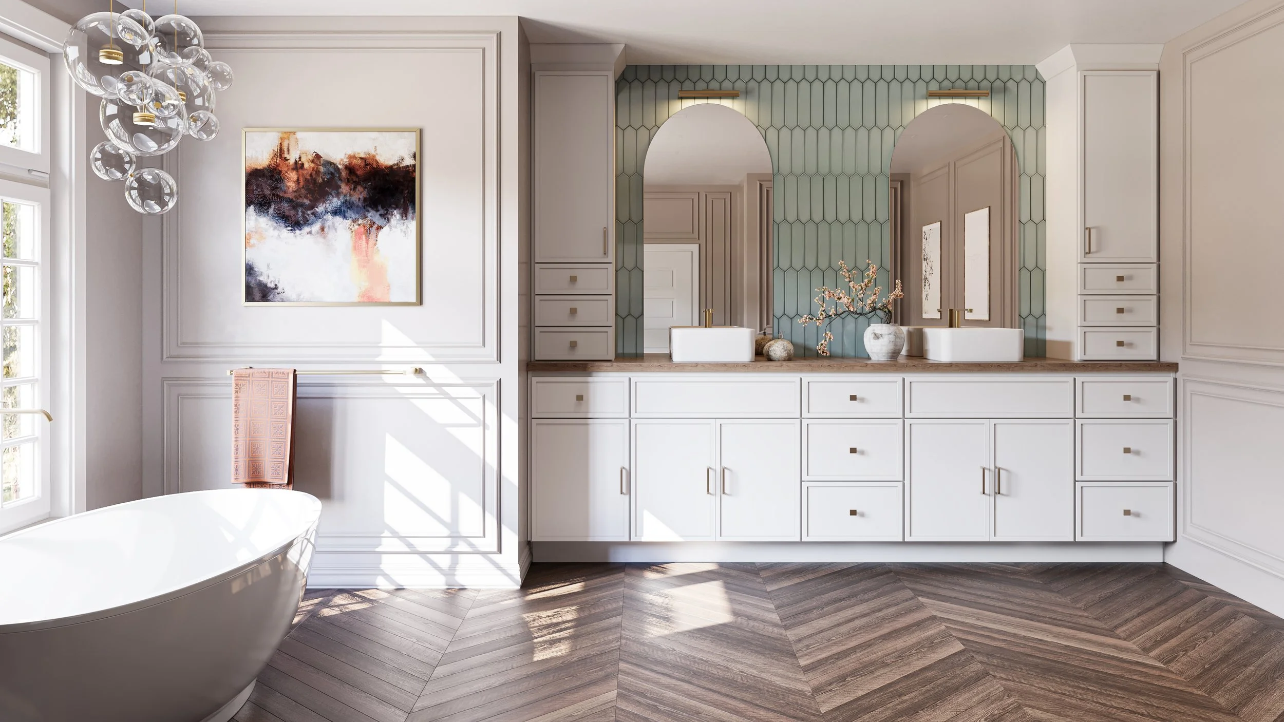 Modern bathroom with white cabinetry, double sinks, and large mirrors, featuring a freestanding bathtub and decorative art and lighting.