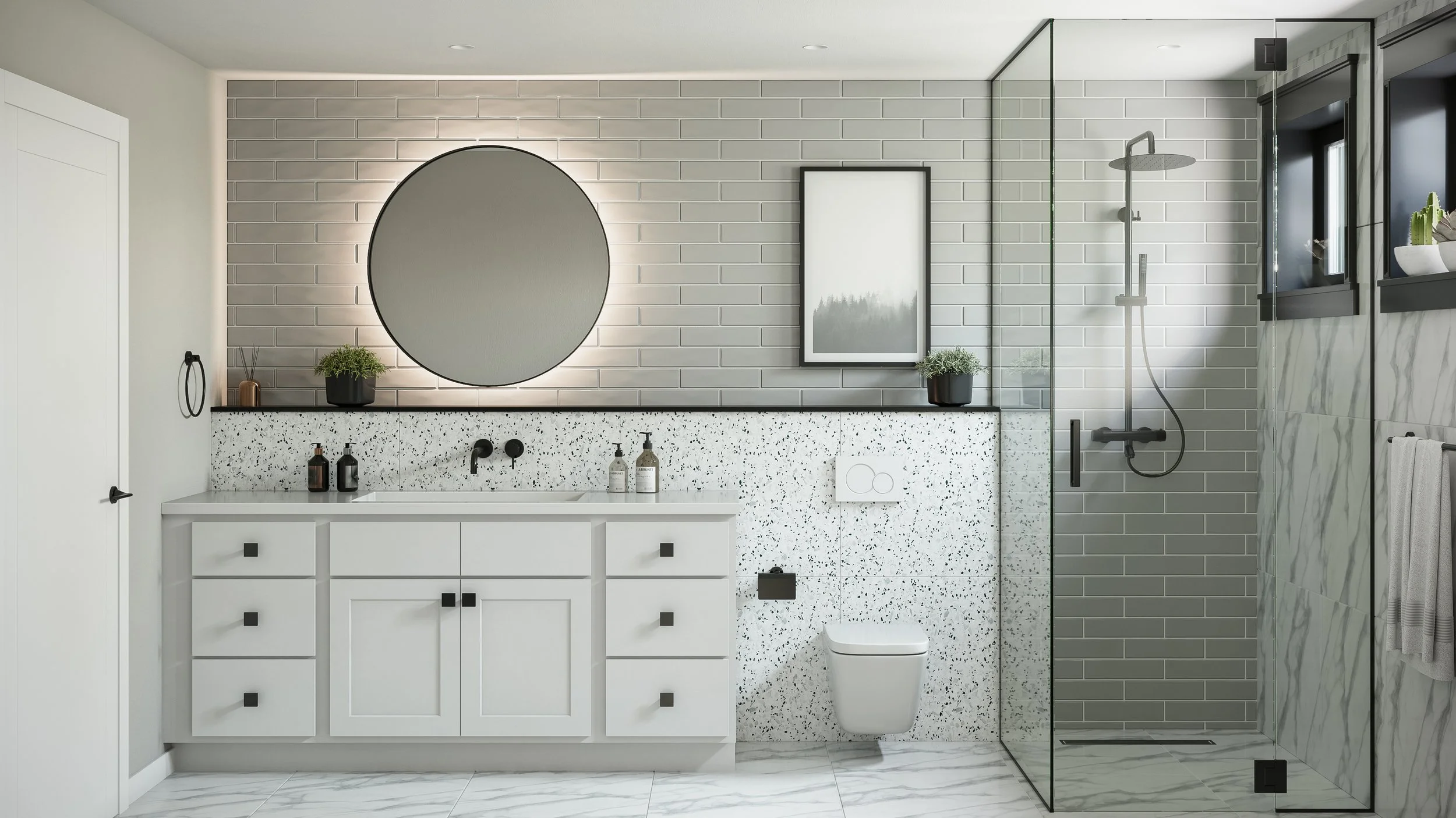 Modern bathroom with white vanity, round mirror, plants, and shower with glass enclosure, gray subway tiles, and marble accents