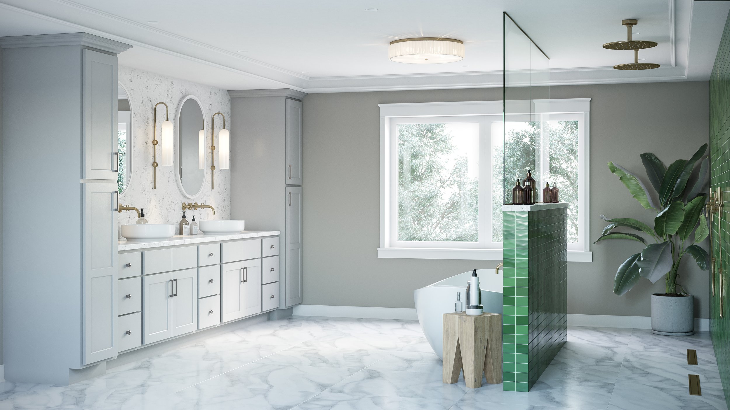 Modern bathroom with grey cabinetry, double sinks, round mirrors, gold fixtures, a freestanding bathtub near a window, green tiled partition, large window with trees outside, and marble flooring.